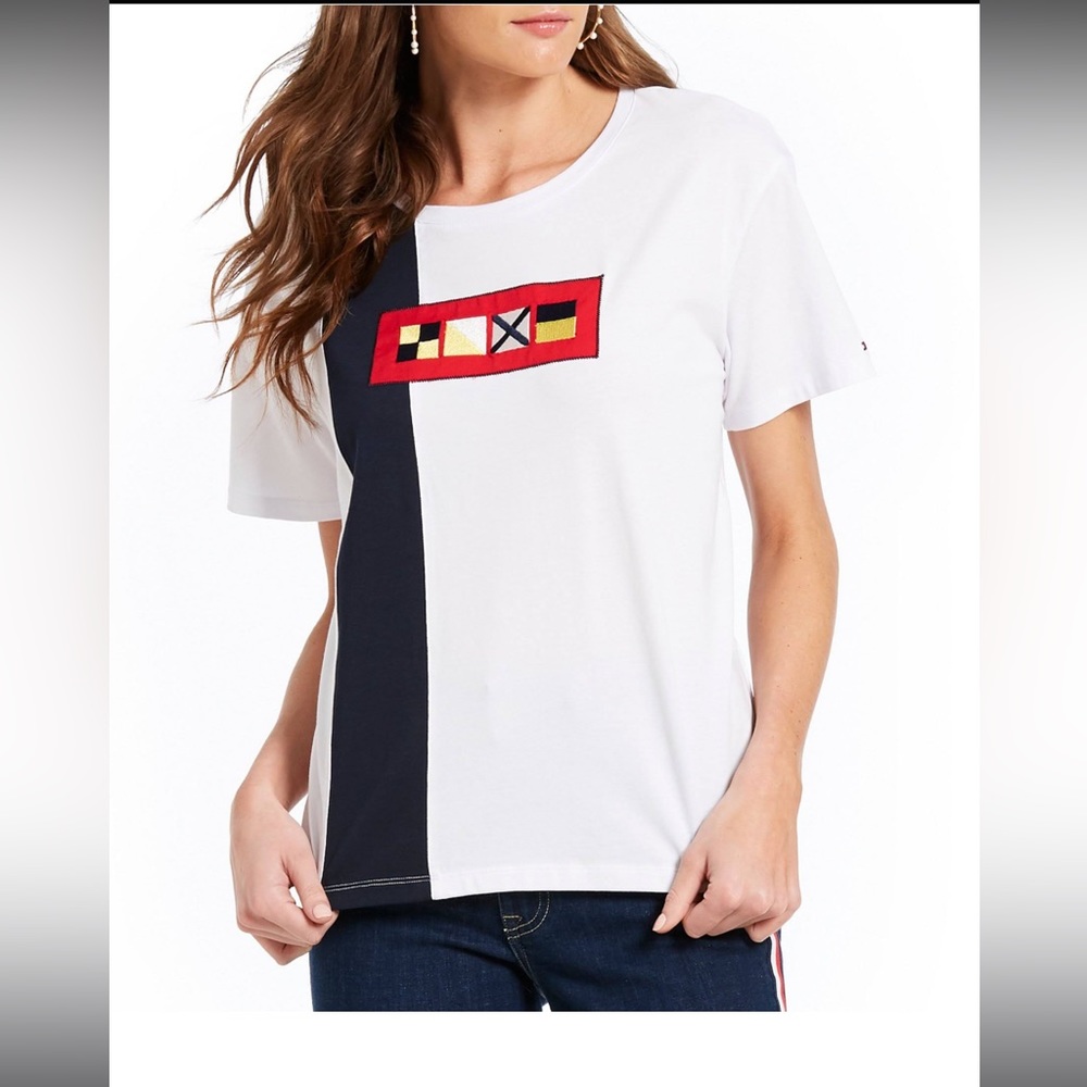 TOMMY HILFIGER Embroidered Patchwork Flag T Shirt Red White Blue Boat
